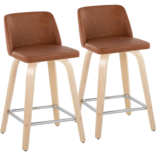 Toriano 24" Swivel Counter Stool in Natural Wood & Camel Leatherette w/ Chrome Footrest (Set of 2)